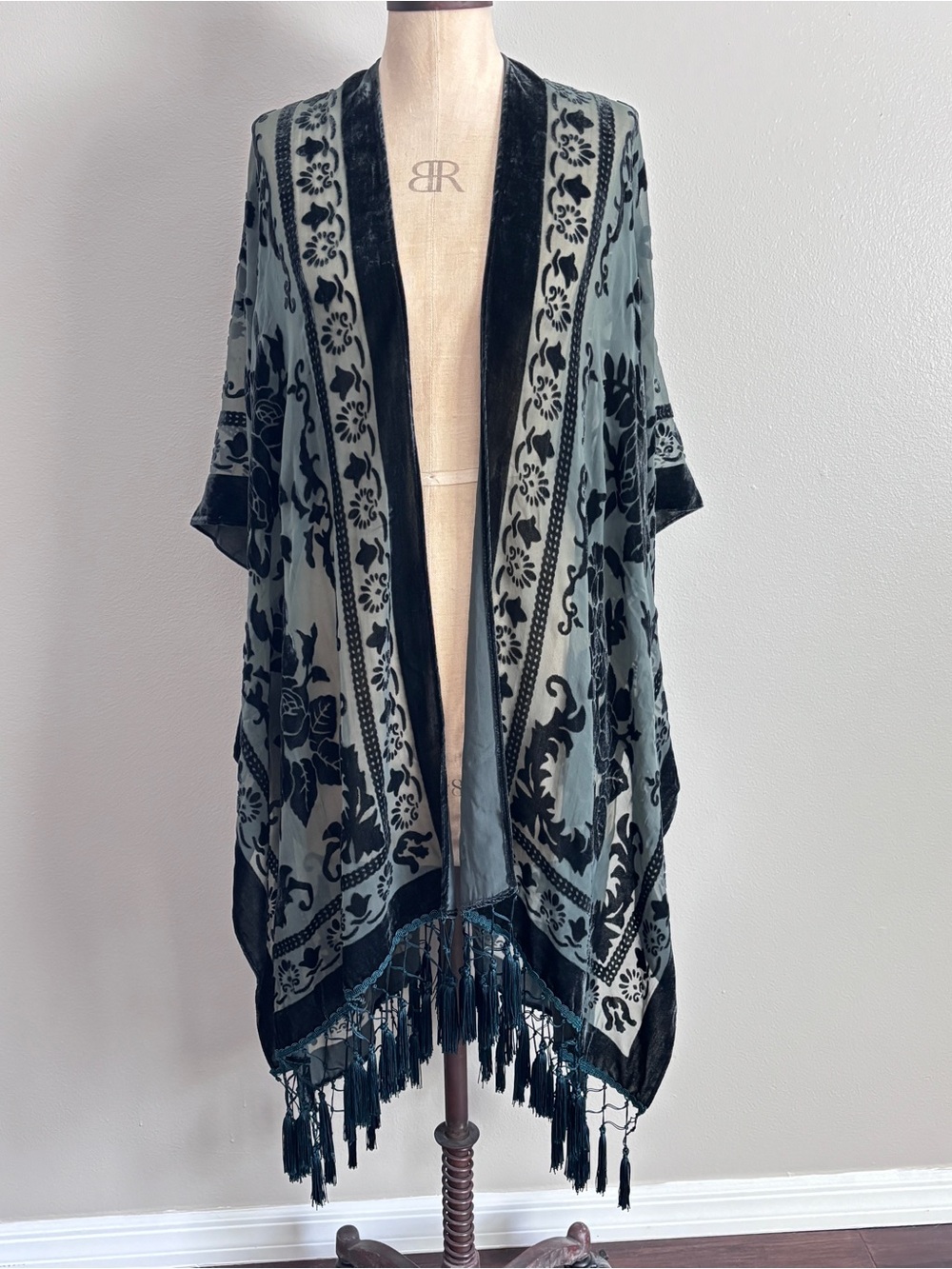 Free People- Velvet Burnout Floral Kimono Shawl in Slate Green -OS